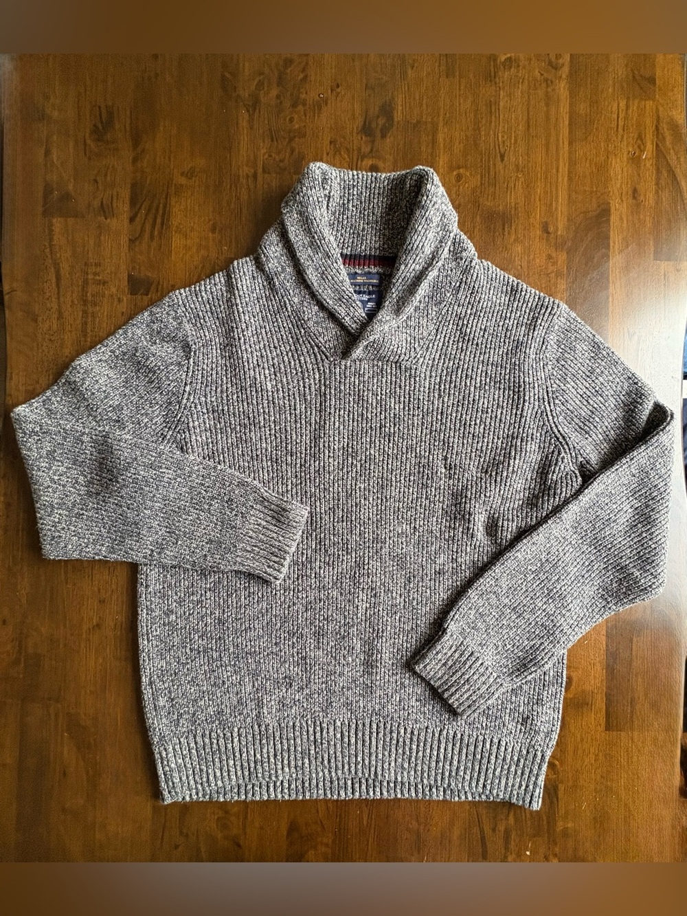 American Eagle Mens Shawl Collar Sweater XL Gray Marled Chunky Knit Athletic Fit